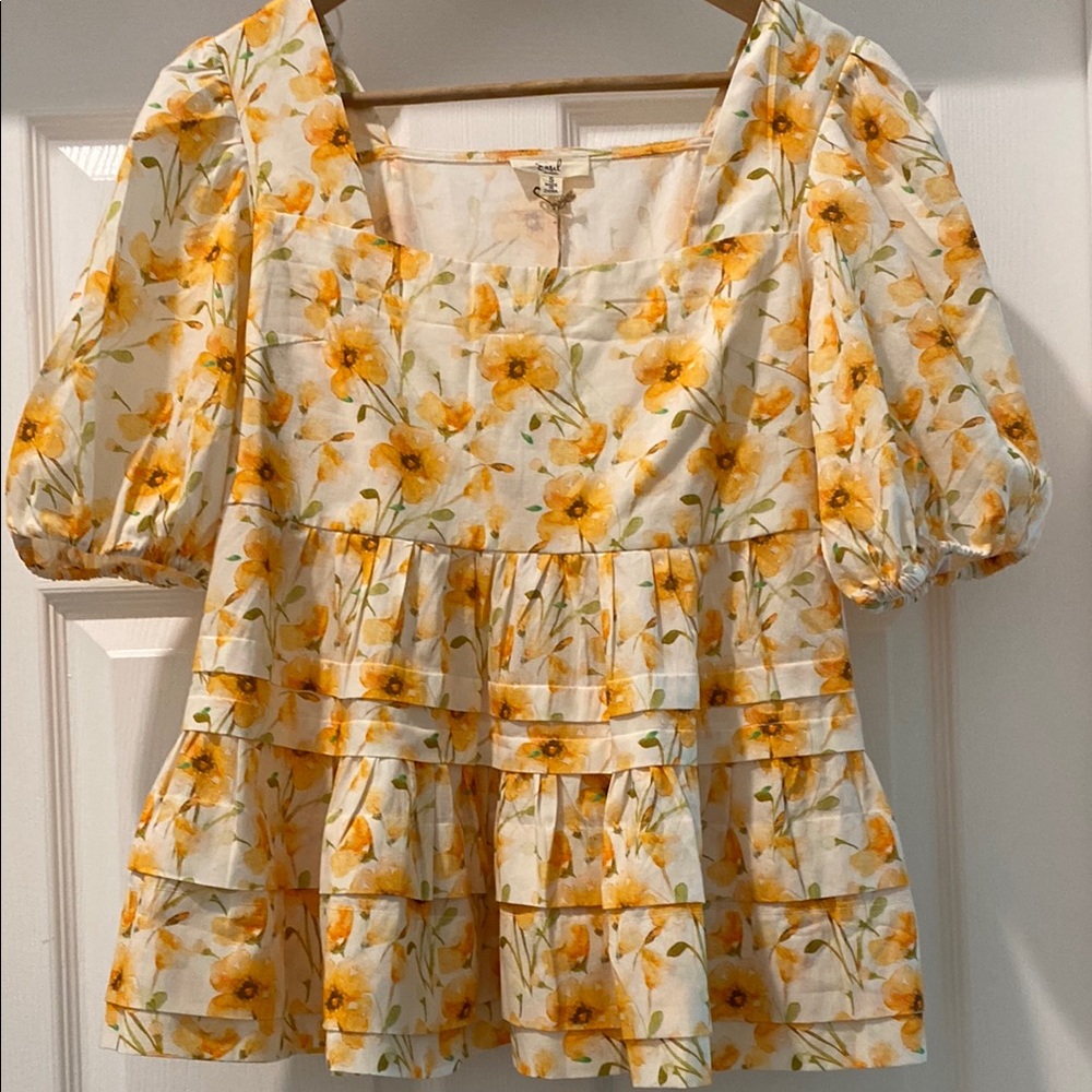 Easel Cream and Orange Puff Sleeve Tiered Blouse. New